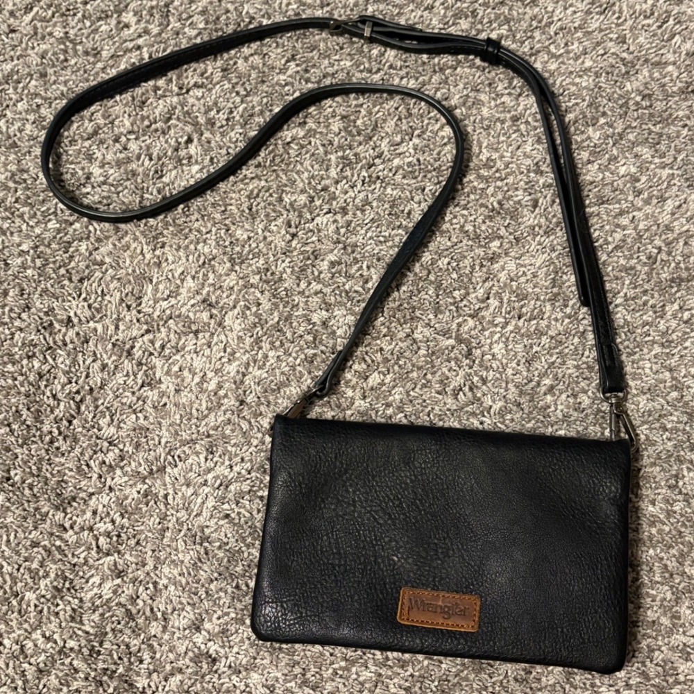 Wrangler Black Vegan Leather Crossbody Wallet Purse Cow Print Interior
